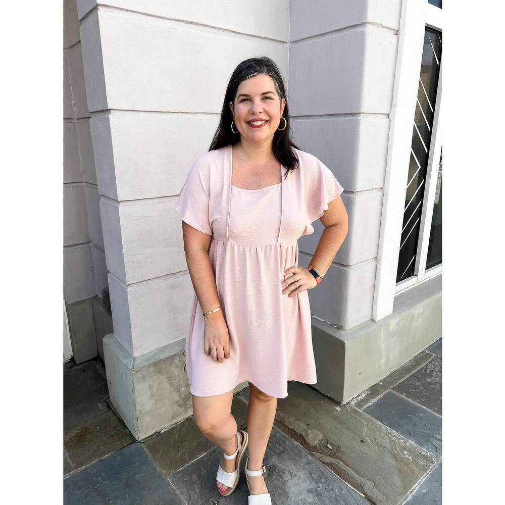 NEW HEYSON crinkled square neck flutter sleeve dress in baby pink